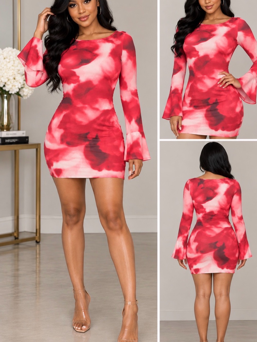 Steve Madden Red and White Tie-Dye Bodycon Mini Dress with Bell Sleeves